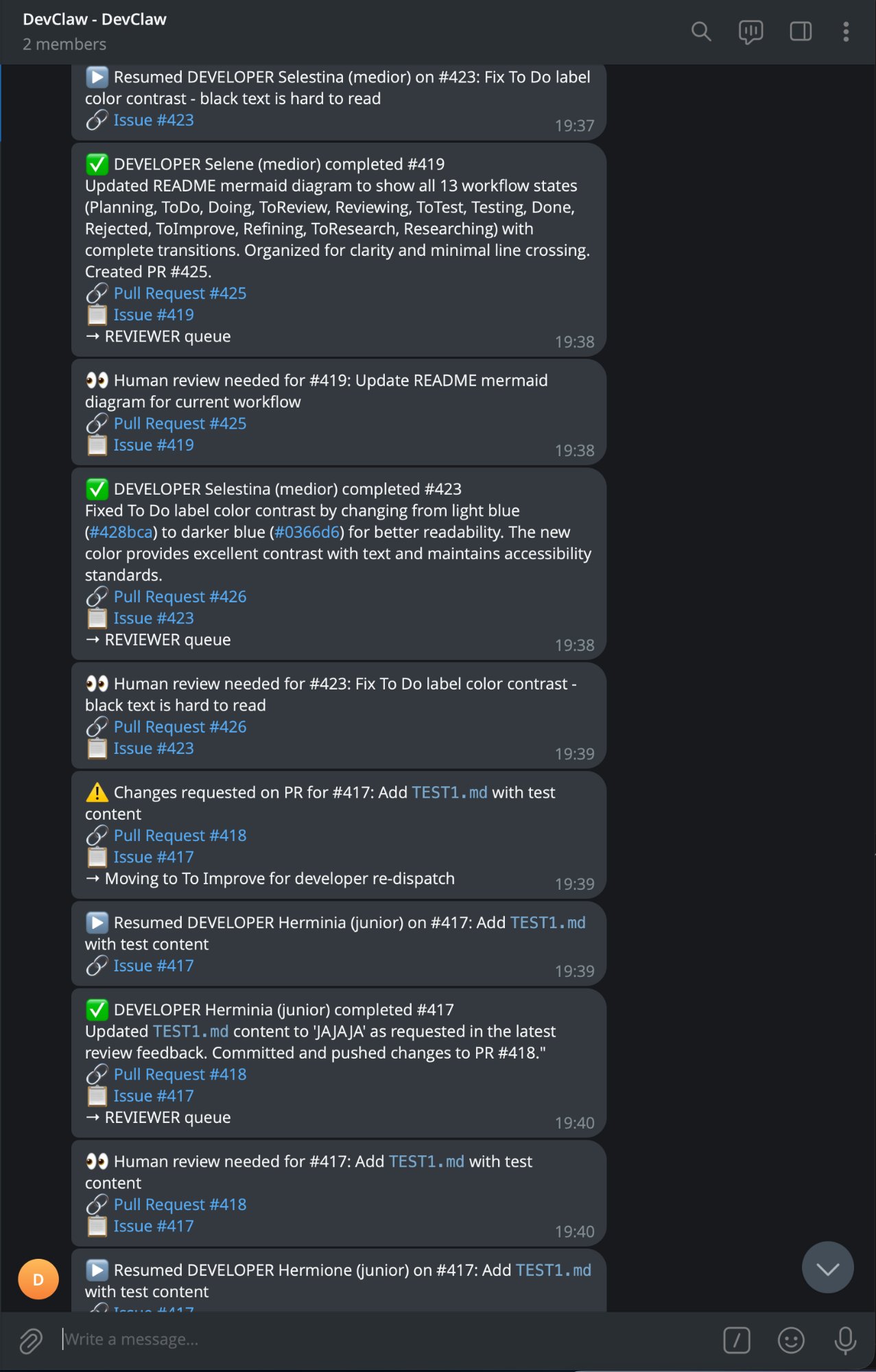 DevClaw autonomous development updates in Telegram group chat